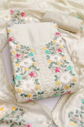 Women's white embroidery vichitra silk dress material