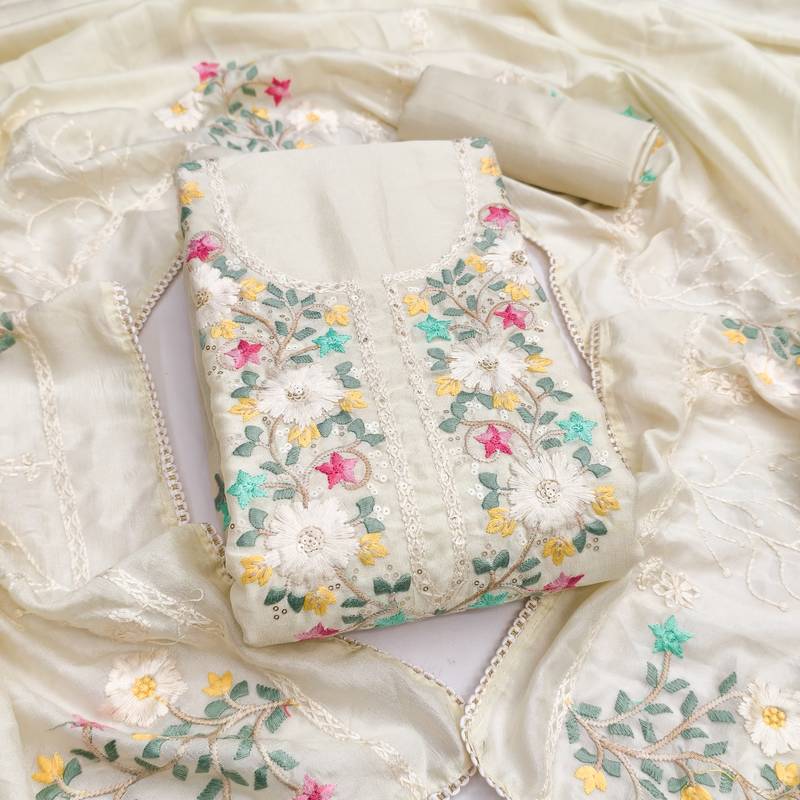 Women's white embroidery vichitra silk dress material