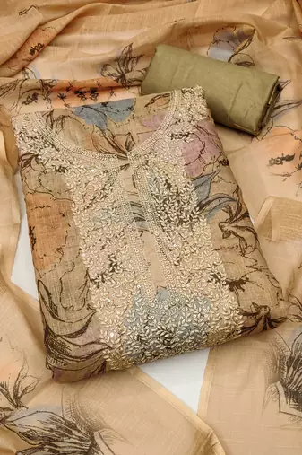 Women's brown embroidery digital cotton dress material