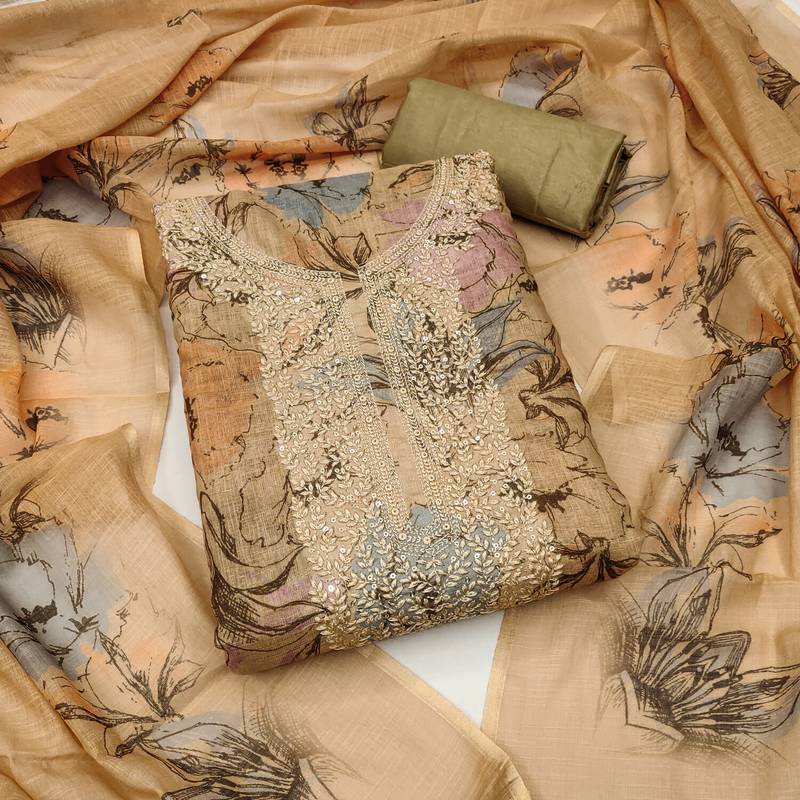 Women's brown embroidery digital cotton dress material