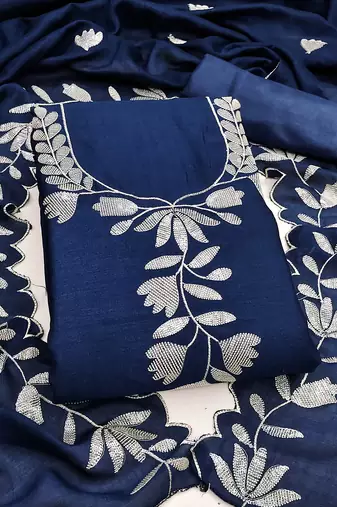 Women's blue embroidery vichitra silk dress material