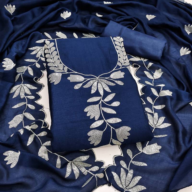 Women's blue embroidery vichitra silk dress material