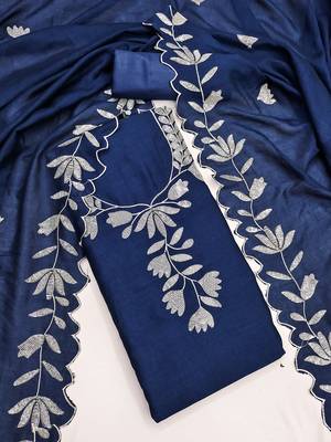  blue embroidery vichitra silk dress material 2