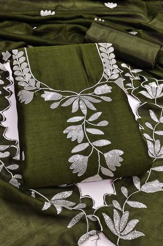 Women's green embroidery vichitra silk dress material
