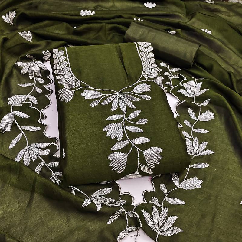 Women's green embroidery vichitra silk dress material