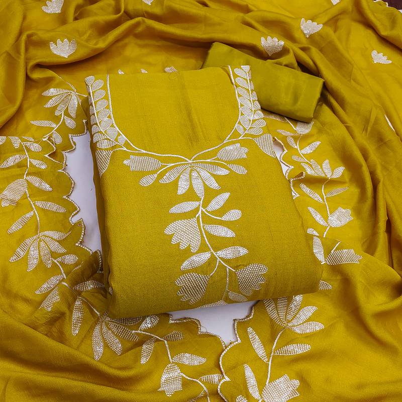 Women's light green embroidery vichitra silk dress material