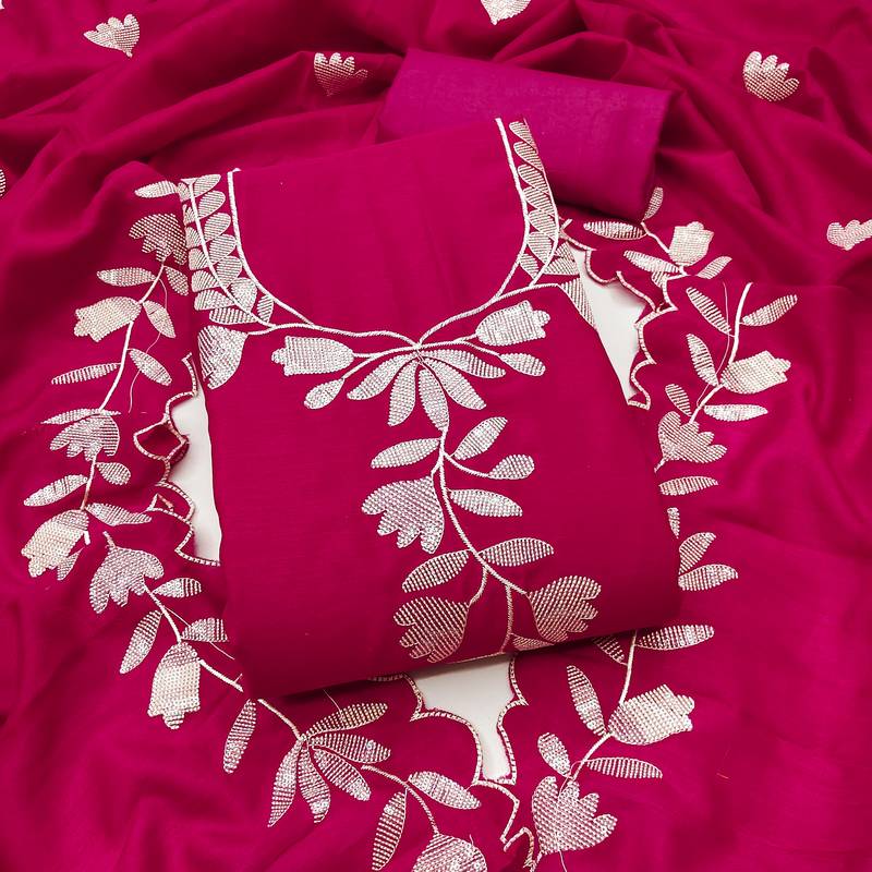 Women's magenta embroidery vichitra dress material