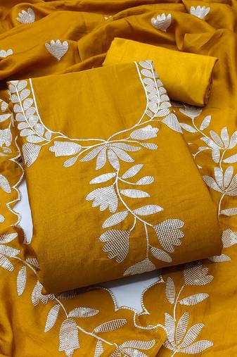 Women's mustard embroidery vichitra dress material
