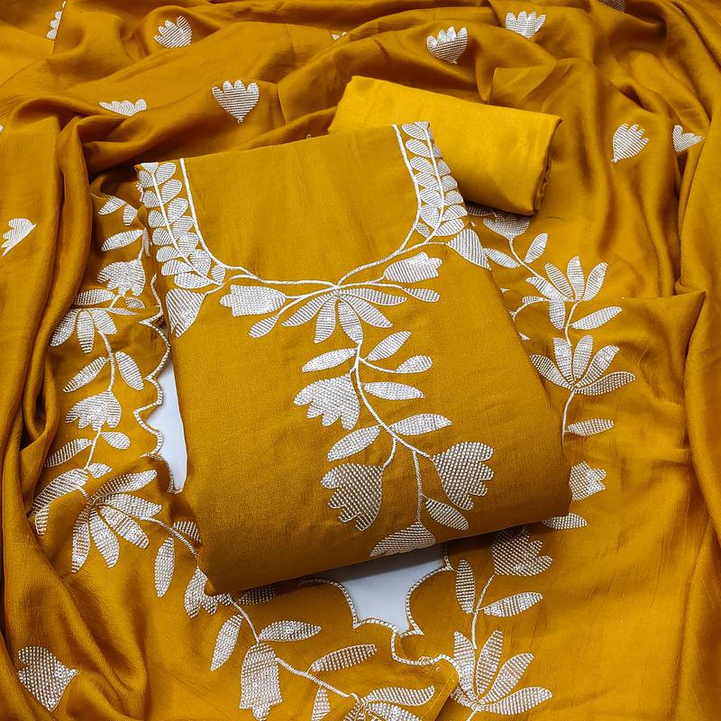 Women's mustard embroidery vichitra dress material