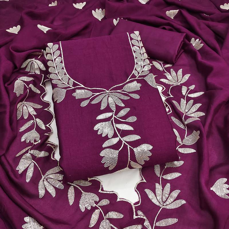 Women's purple embroidery vichitra dress material