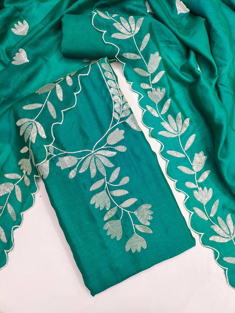 Women's sea green embroidery vichitra dress material