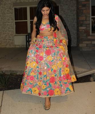 MULTICOLOR THREAD AND SEQUINS EMBROIDERED GEORGETTE LEHENGA CHOLI DUPATTA 2