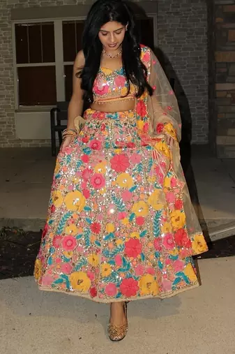 MULTICOLOR THREAD AND SEQUINS EMBROIDERED GEORGETTE LEHENGA CHOLI DUPATTA