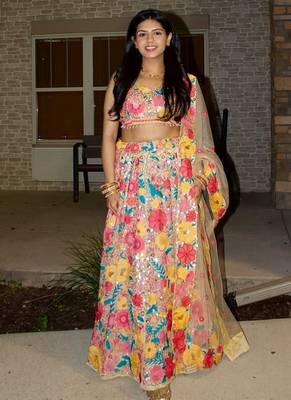 MULTICOLOR THREAD AND SEQUINS EMBROIDERED GEORGETTE LEHENGA CHOLI DUPATTA 4