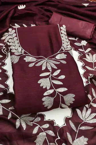 Women's wine embroidery vichitra dress material