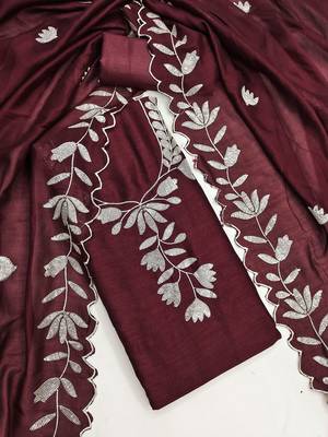  wine embroidery vichitra dress material 2