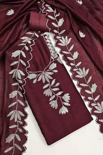  wine embroidery vichitra dress material