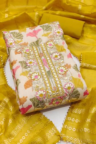 Women's multicolor heavy embroidery simmer dress material