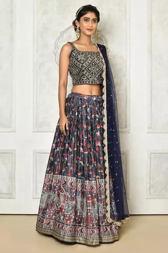 BLUE DIGITAL PRINT AND EMBROIDERY Chiffon LEHENGA CHOLI WITH DUPATTA