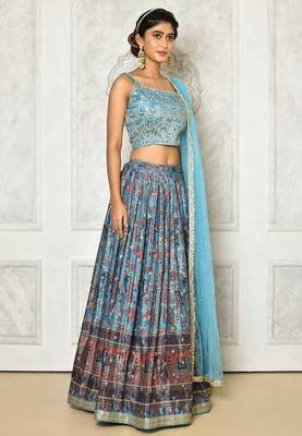 SKY BLUE DIGITAL PRINT AND EMBROIDERY CHINNON SILK LEHENGA CHOLI WITH DUPATTA 6