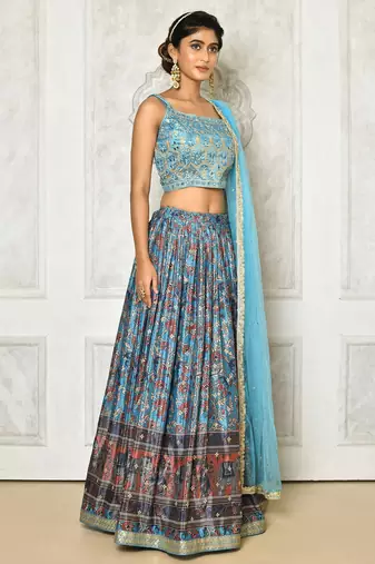 SKY BLUE DIGITAL PRINT AND EMBROIDERY CHINNON SILK LEHENGA CHOLI WITH DUPATTA