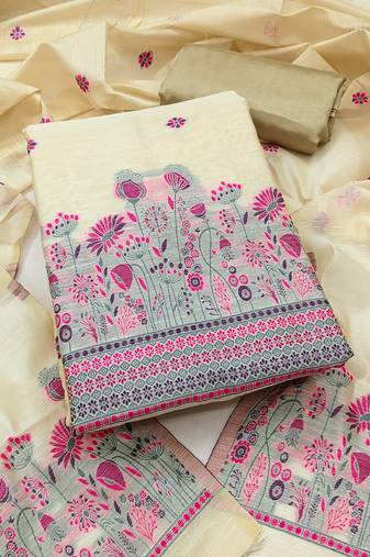  beige weaving chanderi silk dress material