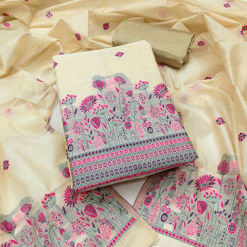 Women's beige weaving chanderi silk dress material