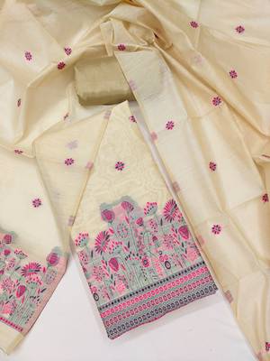  beige weaving chanderi silk dress material 3