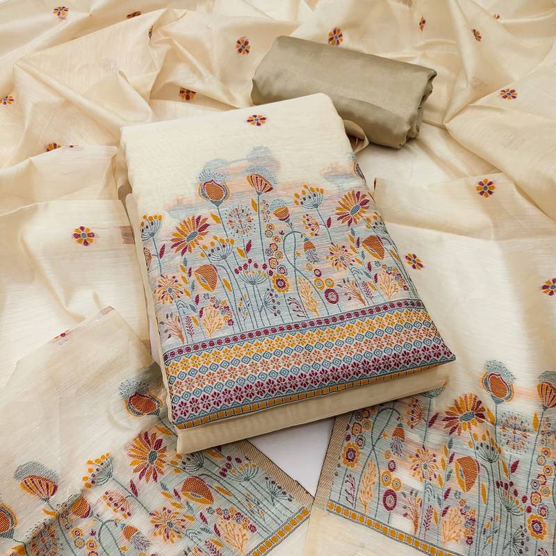 Women's beige weaving chanderi silk dress material