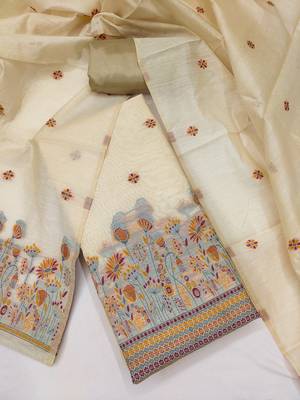  beige weaving chanderi silk dress material 3