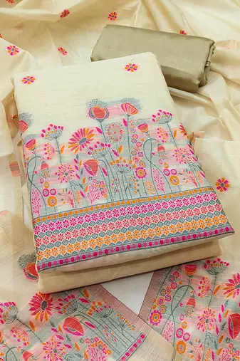 Women's beige weaving chanderi silk dress material