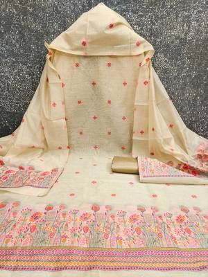  beige weaving chanderi silk dress material 2