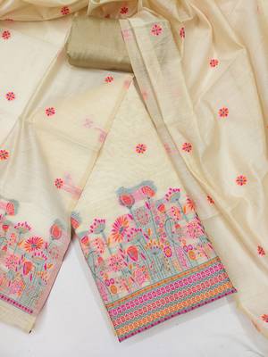  beige weaving chanderi silk dress material 3