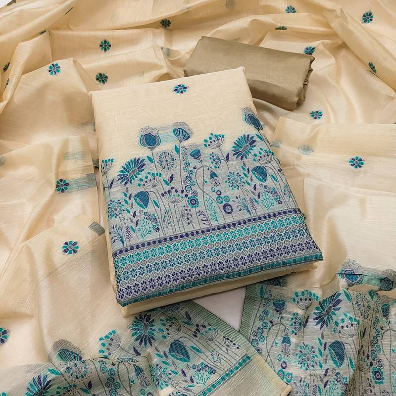 Women's beige weaving chanderi silk dress material