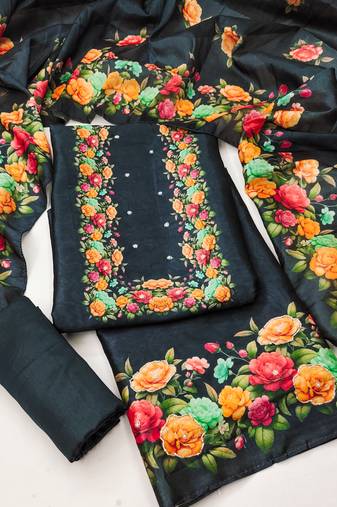 Women's black digital print silk dress material