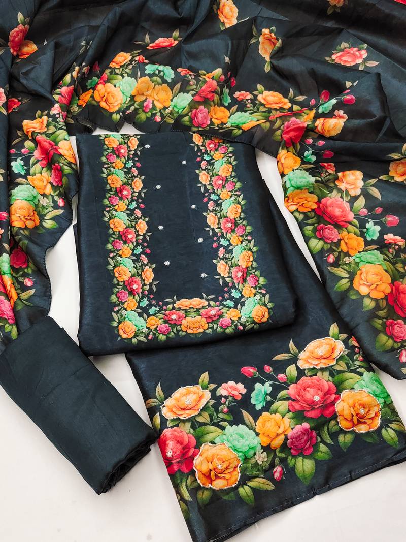 Women's black digital print silk dress material