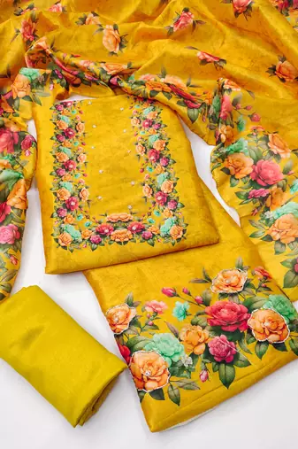 Women's mustard digital print silk dress material