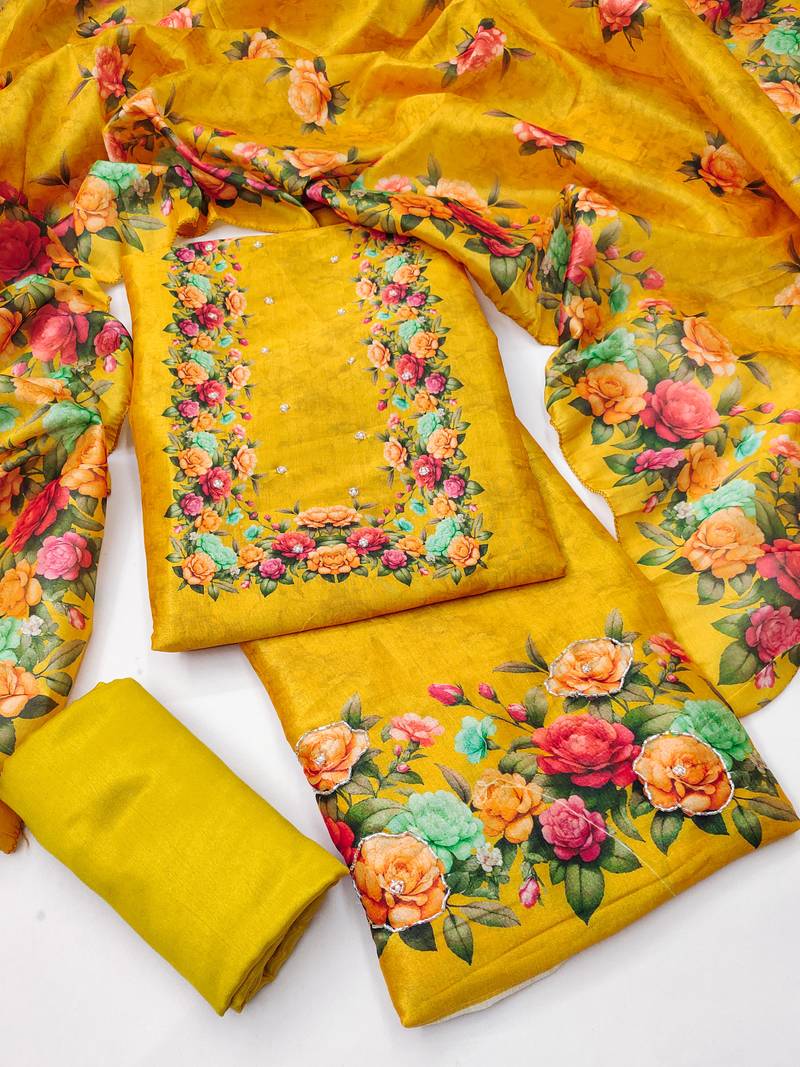 Women's mustard digital print silk dress material