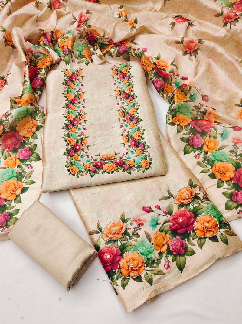 Women's beige digital print silk dress material