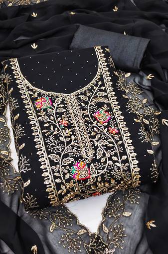 Women's black embroidery georgette dress material