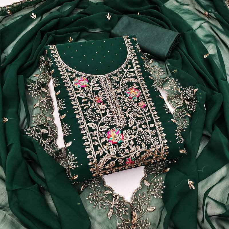 Women's green embroidery georgette dress material