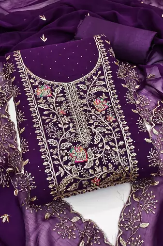 Women's purple embroidery georgette dress material
