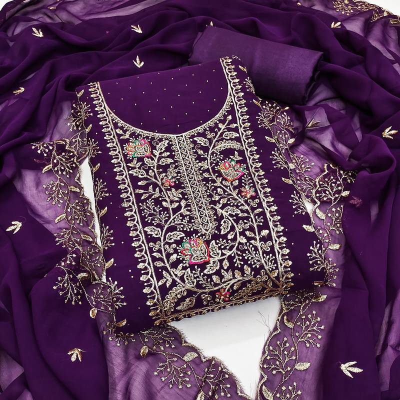 Women's purple embroidery georgette dress material