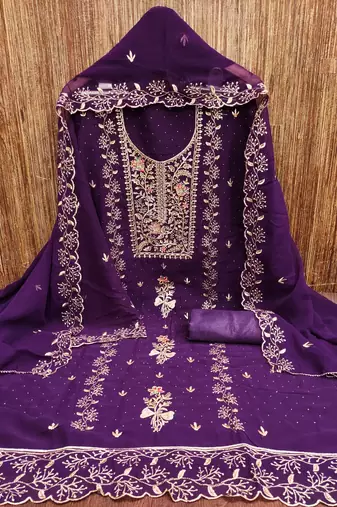  purple embroidery georgette dress material
