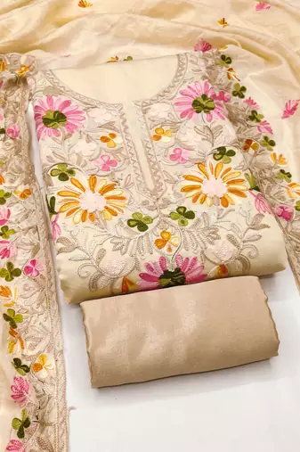 Women's beige embroidery silk dress material