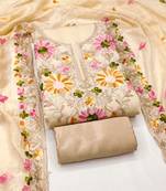 Women's beige embroidery silk dress material