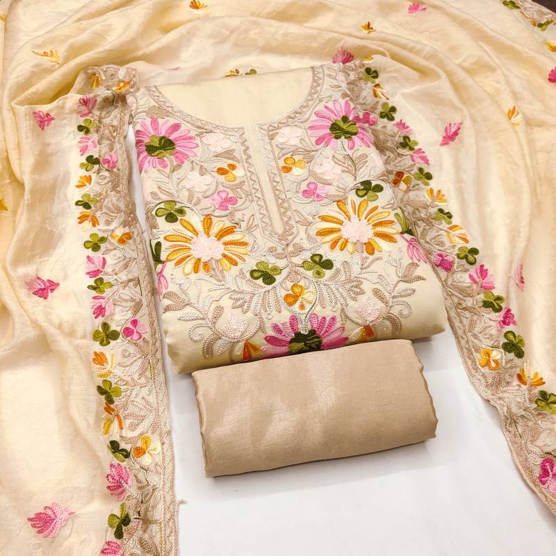 Women's beige embroidery silk dress material