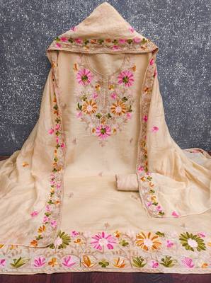  beige embroidery silk dress material 2