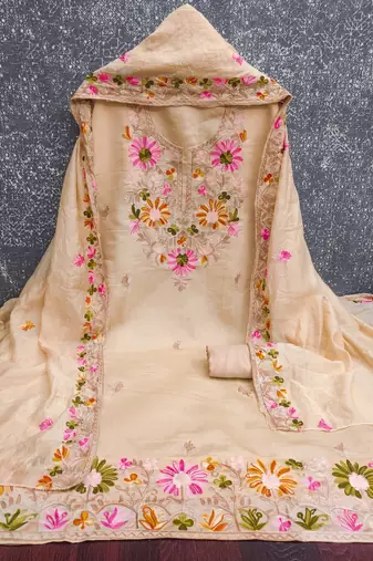  beige embroidery silk dress material