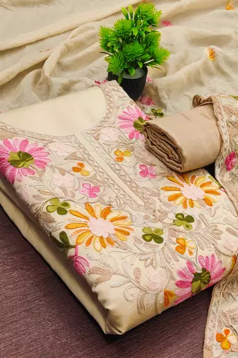  beige embroidery silk dress material